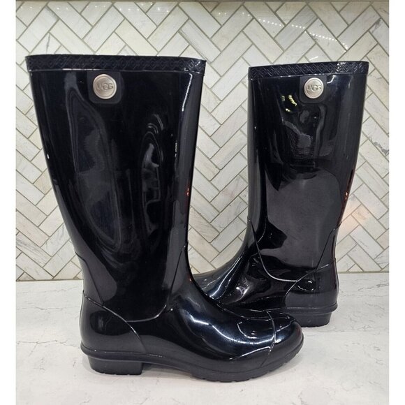 Ugg‎ Women's Glossy Black Rain Boot Size 8 With Box Waterproof Midcalf - Picture 1 of 13